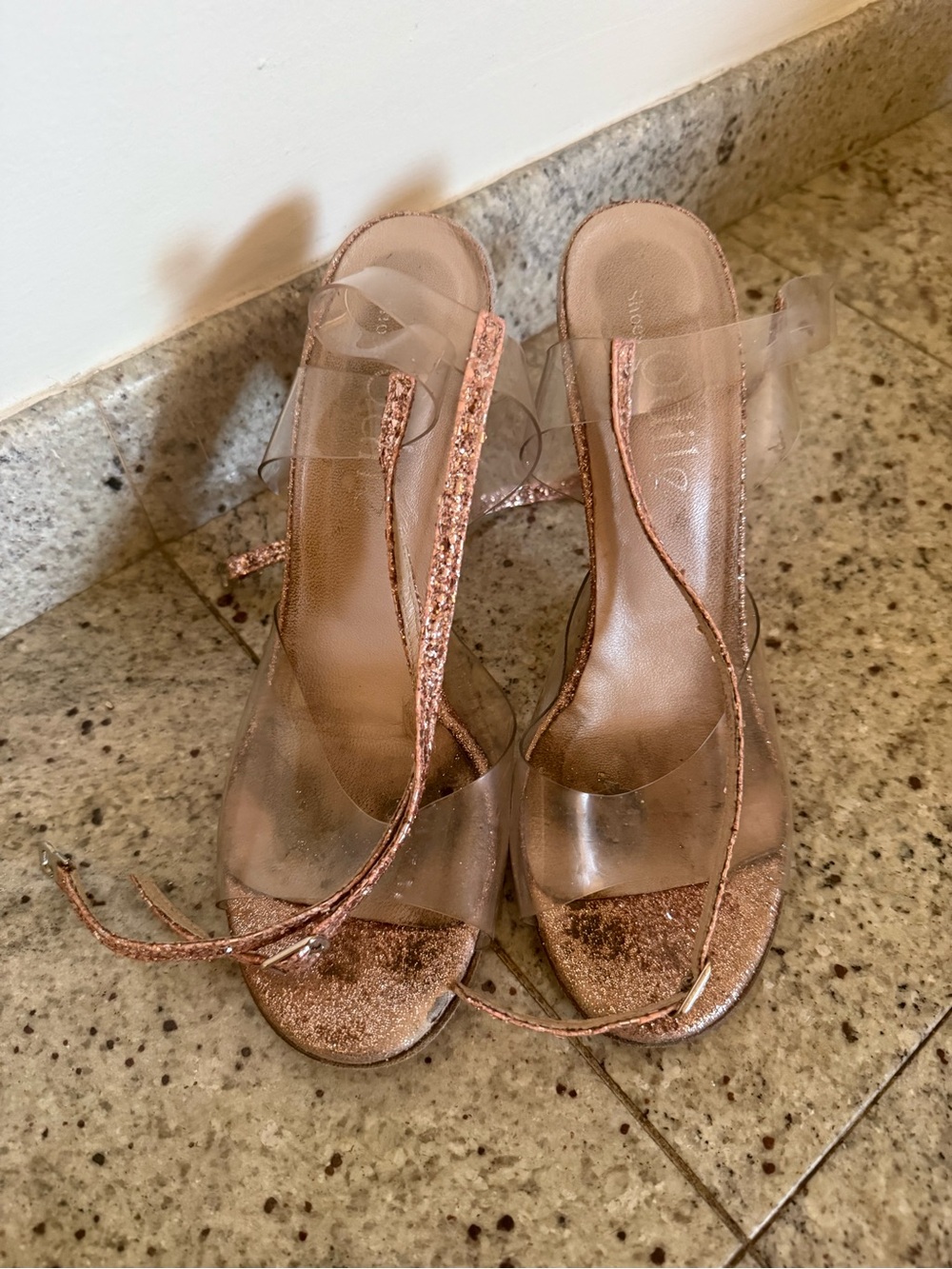 Tango Shoes-Clear Strap Rose Gold Glitter Heeled Sandals - Women
